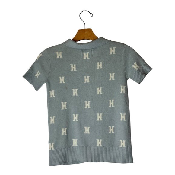 Honor The Gift Sweater Women XS Blue Gray Knit Monogram Short Sleeve Polo Preppy - Picture 3 of 12